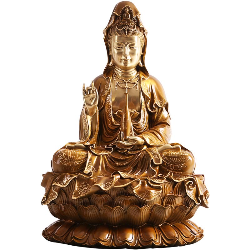 Buddha Stones Kwan Yin Avalokitesvara Lotus Sitting Harmony Brass Copper Statue Home Altar Decoration