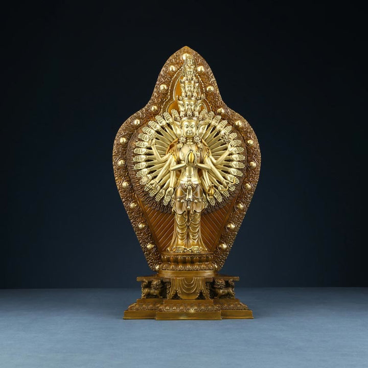 Buddha Stones Handmade Thousand-armed Avalokitesvara Kwan Yin Wealth Brass Copper Statue Decoration