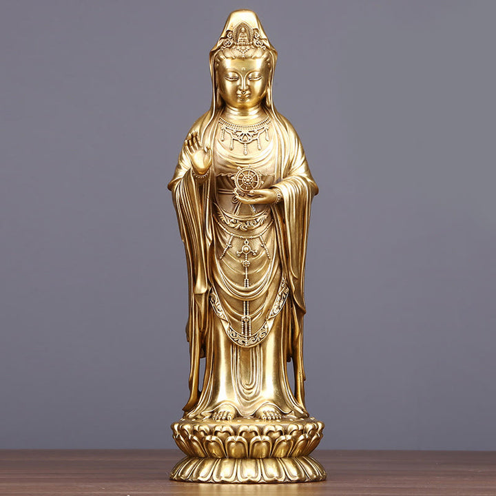 Buddha Stones Kwan Yin Avalokitesvara Holding The Dharma Wheel Wealth Brass Copper Statue Decoration