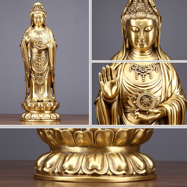 Buddha Stones Kwan Yin Avalokitesvara Holding The Dharma Wheel Wealth Brass Copper Statue Decoration