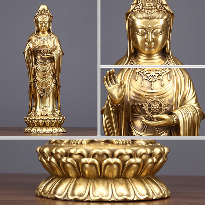 Buddha Stones Kwan Yin Avalokitesvara Holding The Dharma Wheel Wealth Brass Copper Statue Decoration