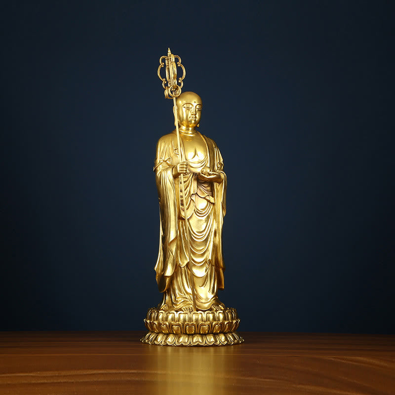 Buddha Stones Ksitigarbha Bodhisattva Figurine Compassion Copper Statue Home Offering Decoration