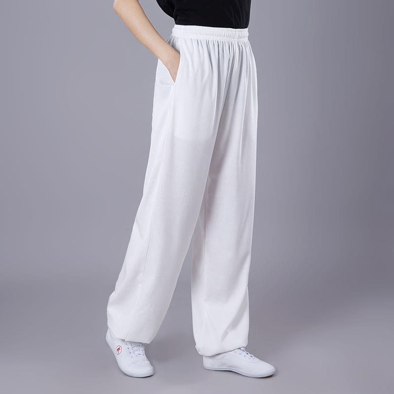 Buddha Stones Summer Unisex Elastic Waist Tai Chi Qigong Practice Breathable  Pants With Pockets - White - 3XL-FIT FOR US/UK/AU/EU-2XL - image 1