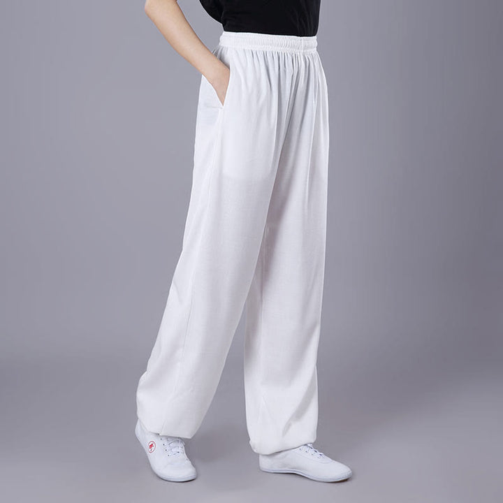 Buddha Stones Summer Unisex Elastic Waist Tai Chi Qigong Practice Breathable  Pants With Pockets - White - 3XL-FIT FOR US/UK/AU/EU-2XL - image 1