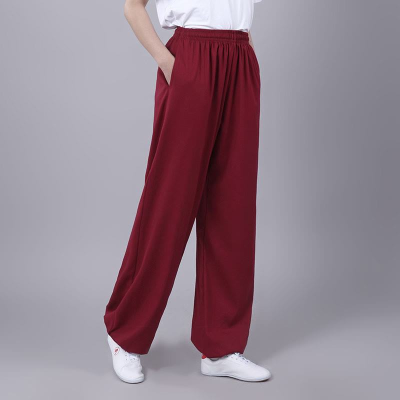 Buddha Stones Summer Unisex Elastic Waist Tai Chi Qigong Practice Breathable Cotton Linen Pants With Pockets - IndianRed - 3XL-FIT FOR US/UK/AU/EU-2XL - image 15