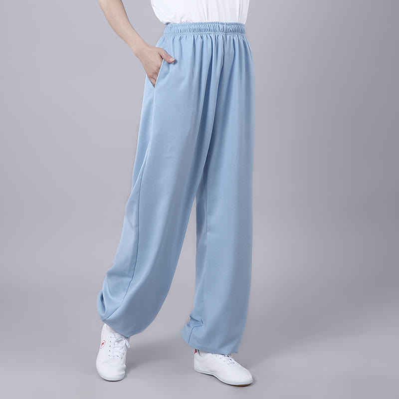 Buddha Stones Summer Unisex Elastic Waist Tai Chi Qigong Practice Breathable Cotton Linen Pants With Pockets