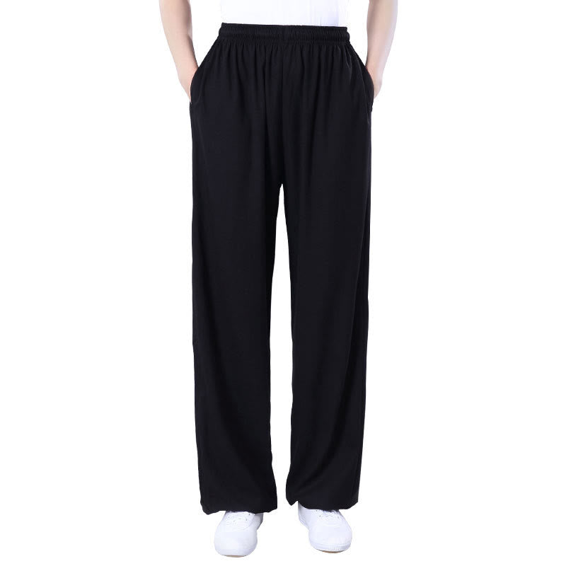 Buddha Stones Summer Unisex Elastic Waist Tai Chi Qigong Practice Breathable Cotton Linen Pants With Pockets - image 12