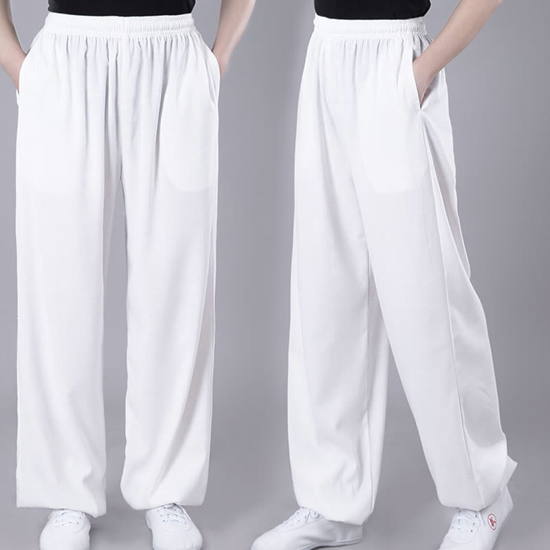 Buddha Stones Summer Unisex Elastic Waist Tai Chi Qigong Practice Breathable Cotton Linen Pants With Pockets - image 3