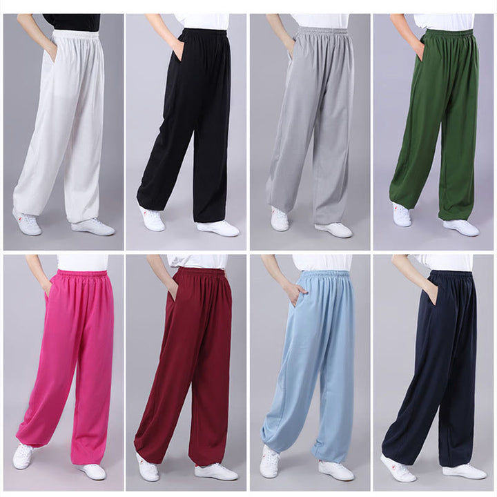Buddha Stones Summer Unisex Elastic Waist Tai Chi Qigong Practice Breathable Cotton Linen Pants With Pockets - image 29