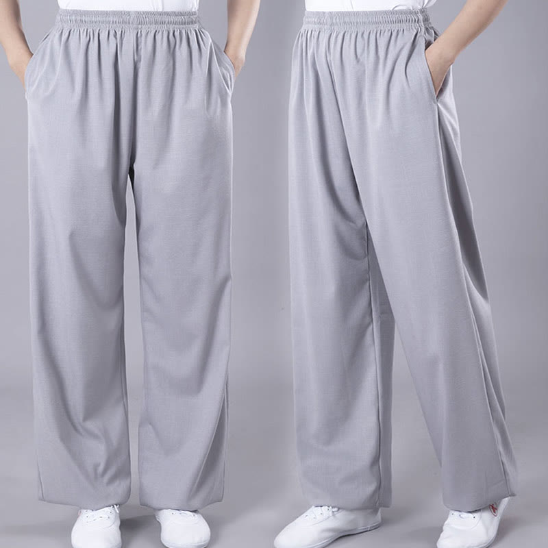 Buddha Stones Summer Unisex Elastic Waist Tai Chi Qigong Practice Breathable Cotton Linen Pants With Pockets - image 9