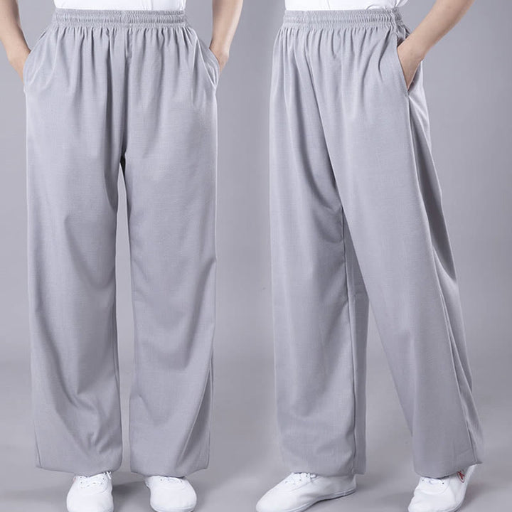 Buddha Stones Summer Unisex Elastic Waist Tai Chi Qigong Practice Breathable Cotton Linen Pants With Pockets - image 9