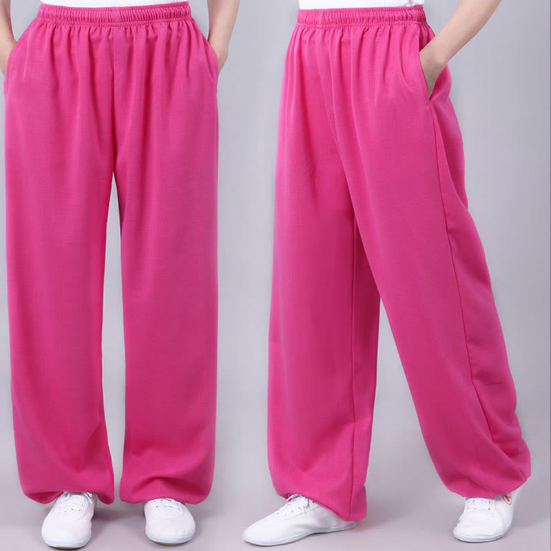 Buddha Stones Summer Unisex Elastic Waist Tai Chi Qigong Practice Breathable Cotton Linen Pants With Pockets - image 22