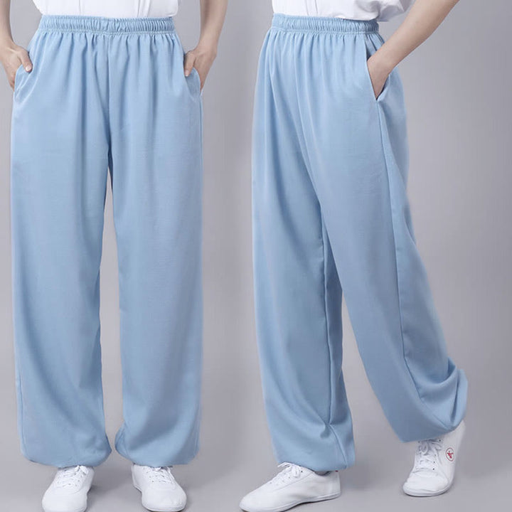 Buddha Stones Summer Unisex Elastic Waist Tai Chi Qigong Practice Breathable Cotton Linen Pants With Pockets - image 24