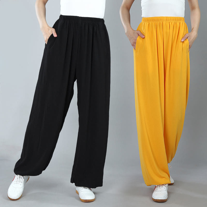 Buddha Stones Summer Unisex Elastic Waist Tai Chi Kung Fu Qigong Practice Cotton Breathable Pants With Pockets - image 1