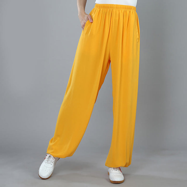 Buddha Stones Summer Unisex Elastic Waist Tai Chi Kung Fu Qigong Practice Cotton Breathable Pants With Pockets - Yellow - 3XL-FIT FOR US/UK/AU/EU-2XL - image 10