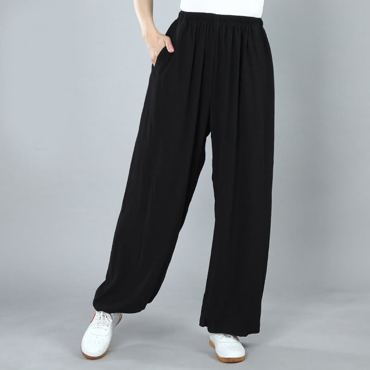 Buddha Stones Summer Unisex Elastic Waist Tai Chi Kung Fu Qigong Practice Cotton Breathable Pants With Pockets - Black - 3XL-FIT FOR US/UK/AU/EU-2XL - image 3