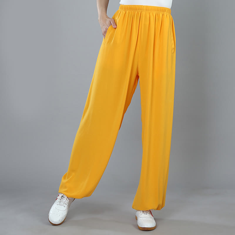 Buddha Stones Summer Unisex Elastic Waist Tai Chi Kung Fu Qigong Practice Cotton Breathable Pants With Pockets - Yellow - 3XL-FIT FOR US/UK/AU/EU-2XL - image 9