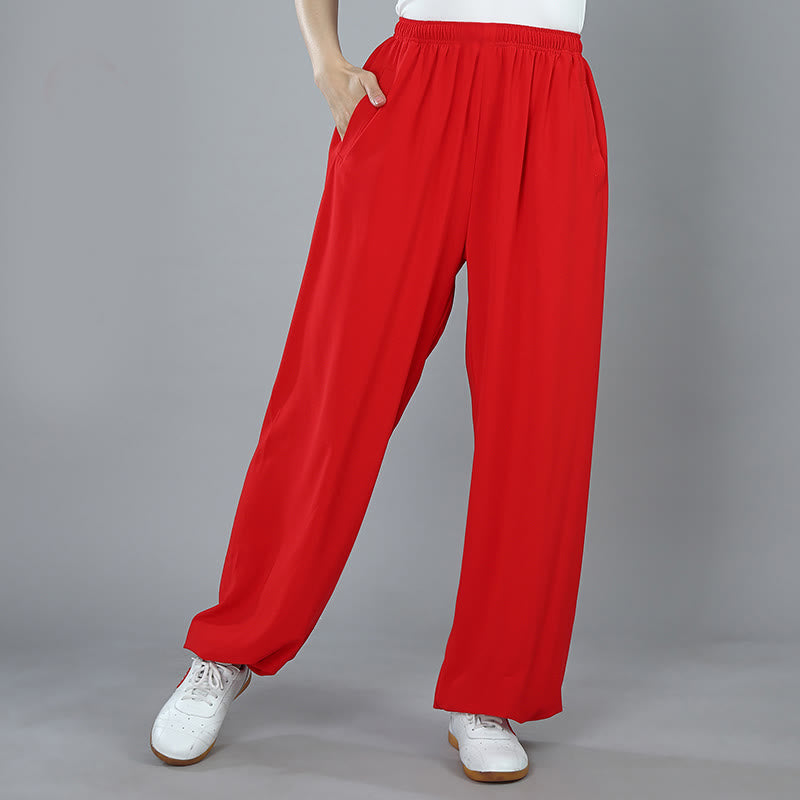 Buddha Stones Summer Unisex Elastic Waist Tai Chi Kung Fu Qigong Practice Cotton Breathable Pants With Pockets - Red - 3XL-FIT FOR US/UK/AU/EU-2XL - image 15