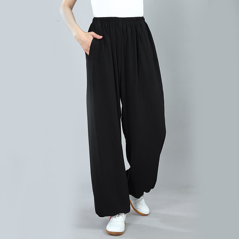 Buddha Stones Summer Unisex Elastic Waist Tai Chi Kung Fu Qigong Practice Cotton Breathable Pants With Pockets - image 4