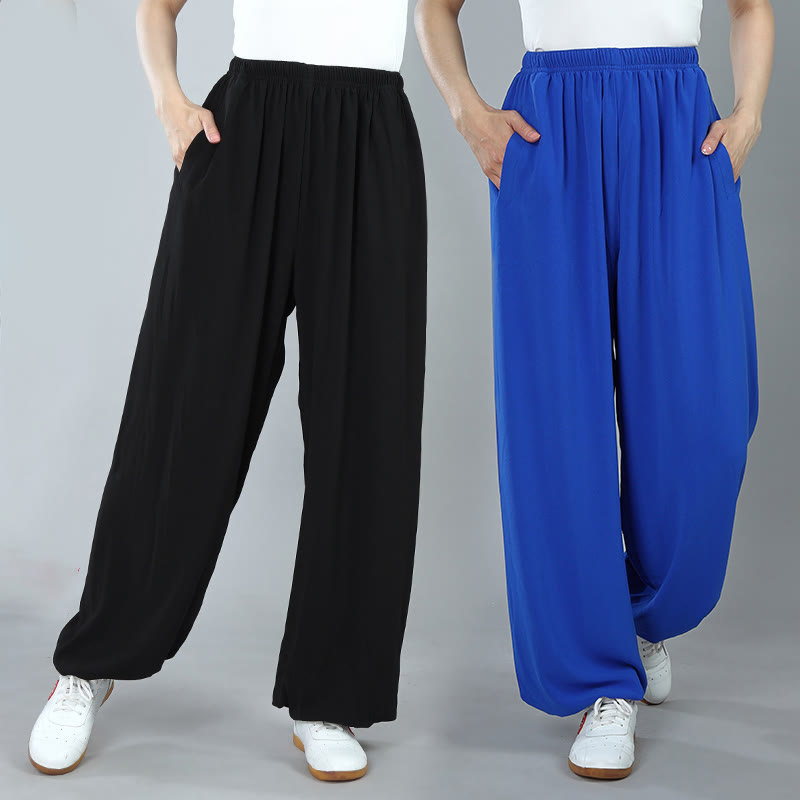 Buddha Stones Summer Unisex Elastic Waist Tai Chi Kung Fu Qigong Practice Cotton Breathable Pants With Pockets - image 14