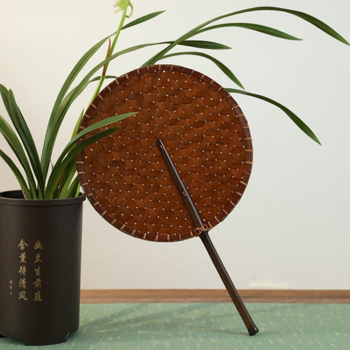 Buddha Stones Vintage Chinese Style Handmade Round Octagonal Shaped Bamboo Long Handle Fan