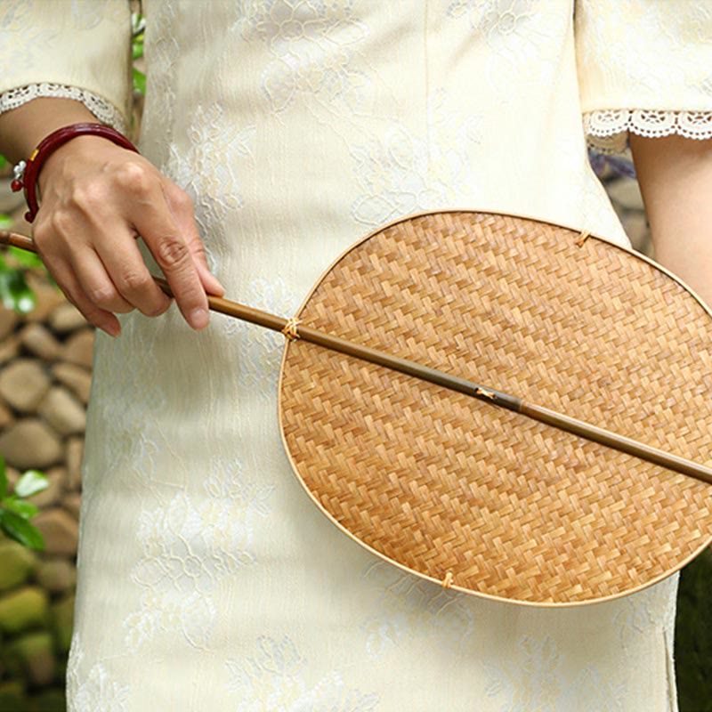 Buddha Stones Chinese Style Handmade Bamboo Woven Oval Round Banana Conical Shape Long Handle Fan