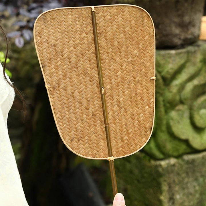 Buddha Stones Chinese Style Handmade Bamboo Woven Oval Round Banana Conical Shape Long Handle Fan