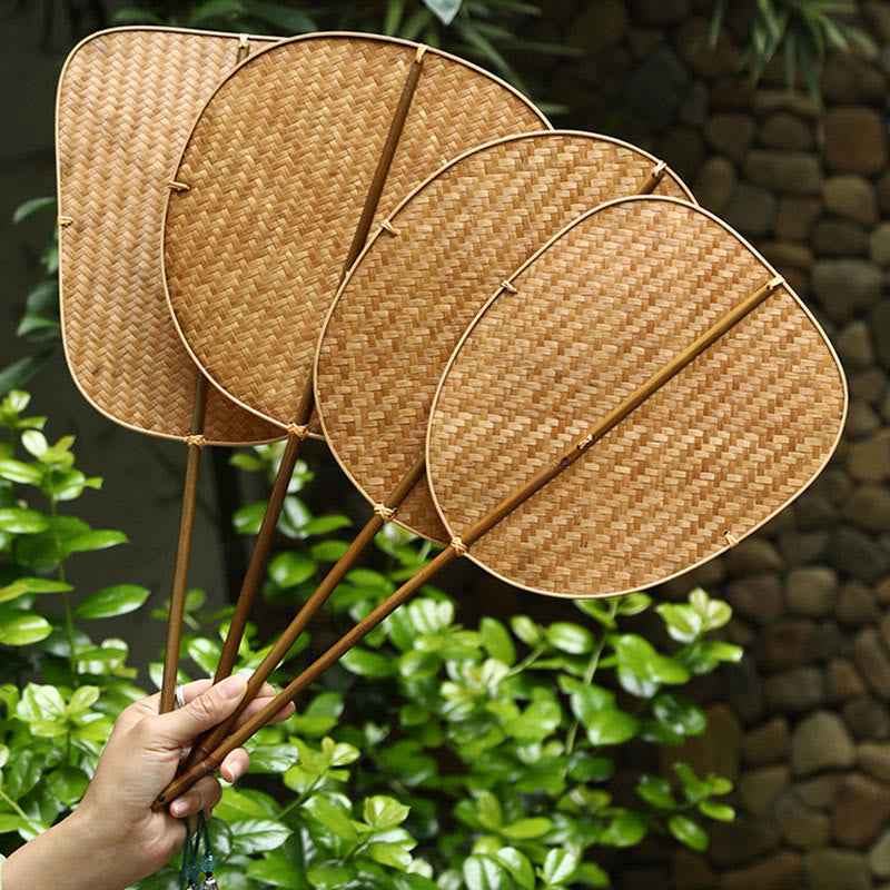 Buddha Stones Chinese Style Handmade Bamboo Woven Oval Round Banana Conical Shape Long Handle Fan