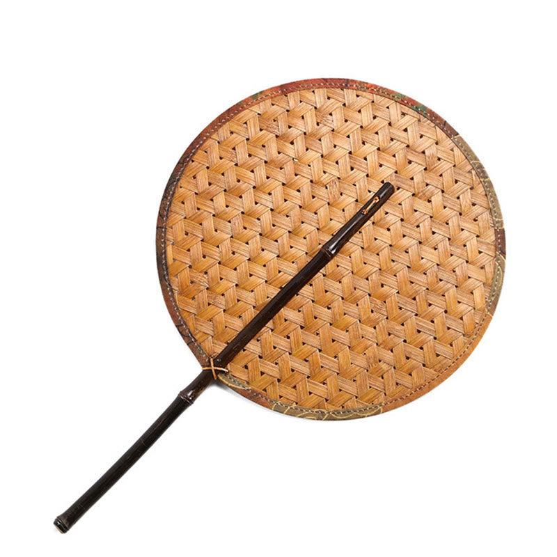 Buddha Stones Summer Retro Chinese Style Handmade Bamboo Woven Round Banana Shape Long Handle Fan