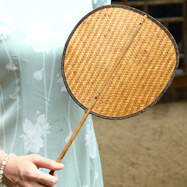 Buddha Stones Summer Retro Chinese Style Handmade Bamboo Woven Round Banana Shape Long Handle Fan