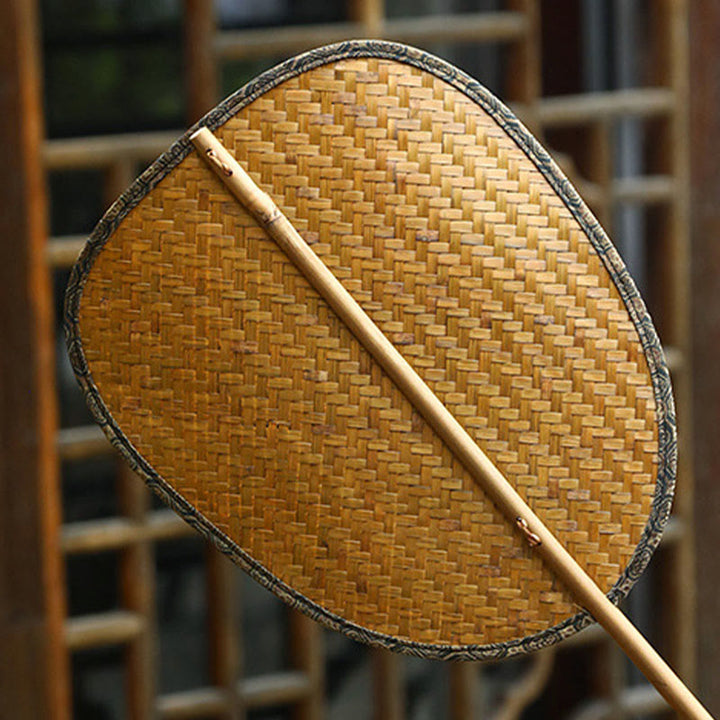 Buddha Stones Summer Retro Chinese Style Handmade Bamboo Woven Round Banana Shape Long Handle Fan