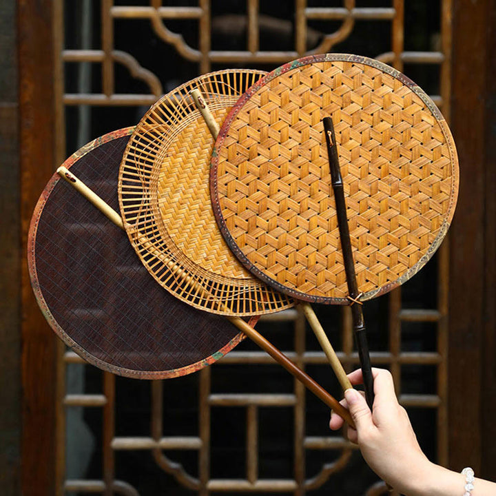 Buddha Stones Summer Retro Chinese Style Handmade Bamboo Woven Round Banana Shape Long Handle Fan