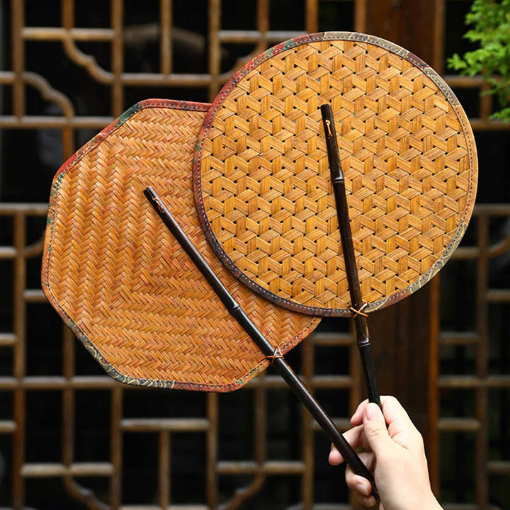 Buddha Stones Summer Retro Chinese Style Handmade Bamboo Woven Round Banana Shape Long Handle Fan