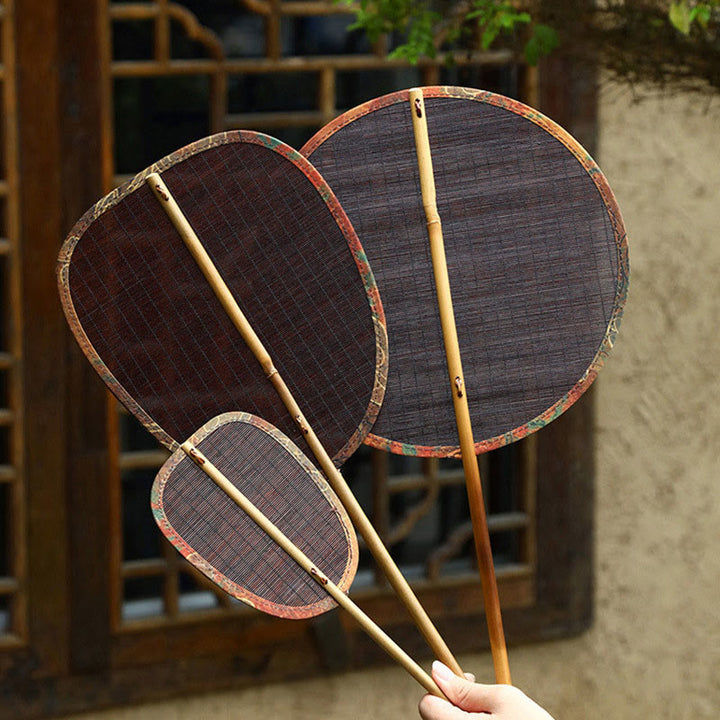 Buddha Stones Summer Retro Chinese Style Handmade Bamboo Woven Round Banana Shape Long Handle Fan