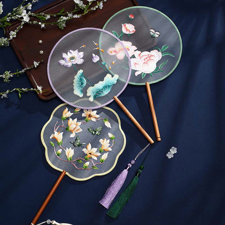 Buddha Stones Peony Butterfly Osmanthus Lotus Koi Fish Double-sided Embroidery Handheld Wood Handle Fan