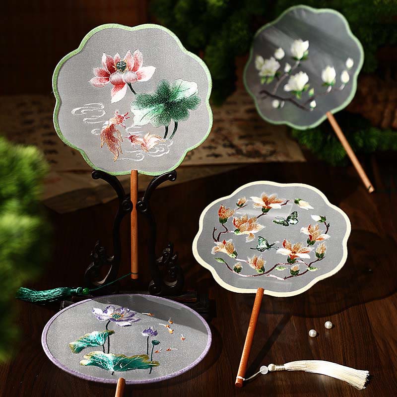 Buddha Stones Peony Butterfly Osmanthus Lotus Koi Fish Double-sided Embroidery Handheld Wood Handle Fan