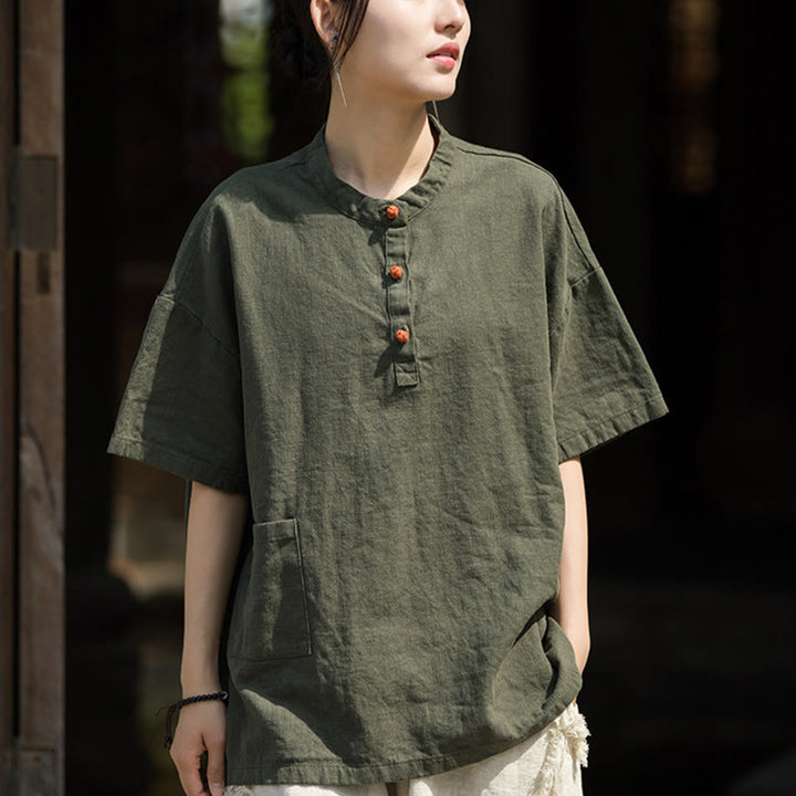 Buddha Stones Summer Short Sleeve Ramie Half Button T-shirt Tee