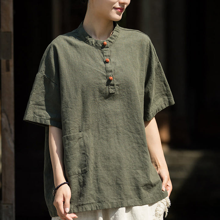 Buddha Stones Summer Short Sleeve Ramie Half Button T-shirt Tee