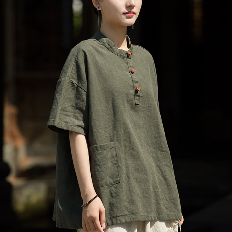 Buddha Stones Summer Short Sleeve Ramie Half Button T-shirt Tee