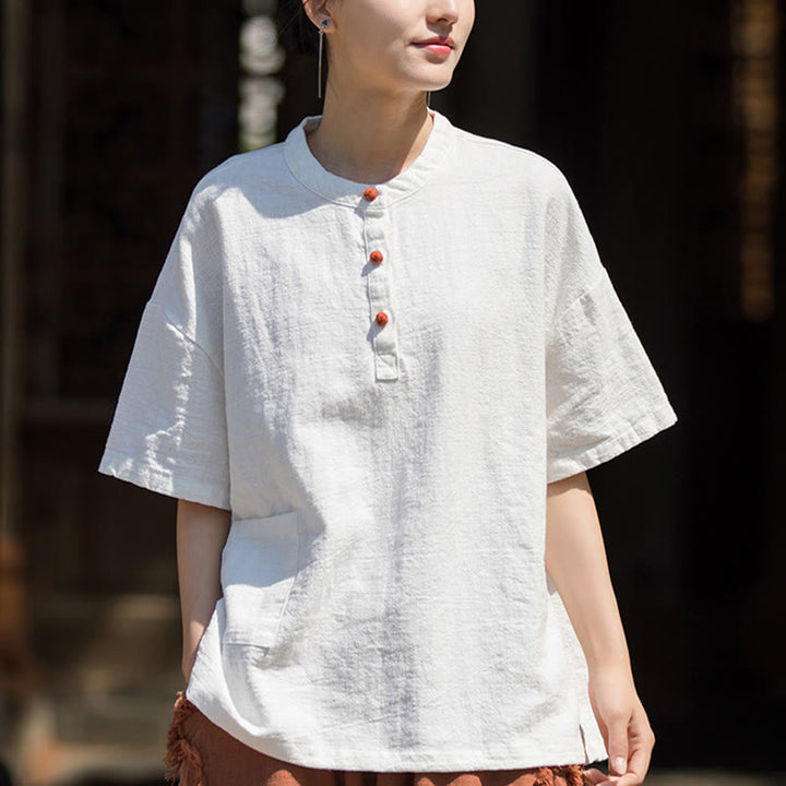 Buddha Stones Summer Short Sleeve Ramie Half Button T-shirt Tee