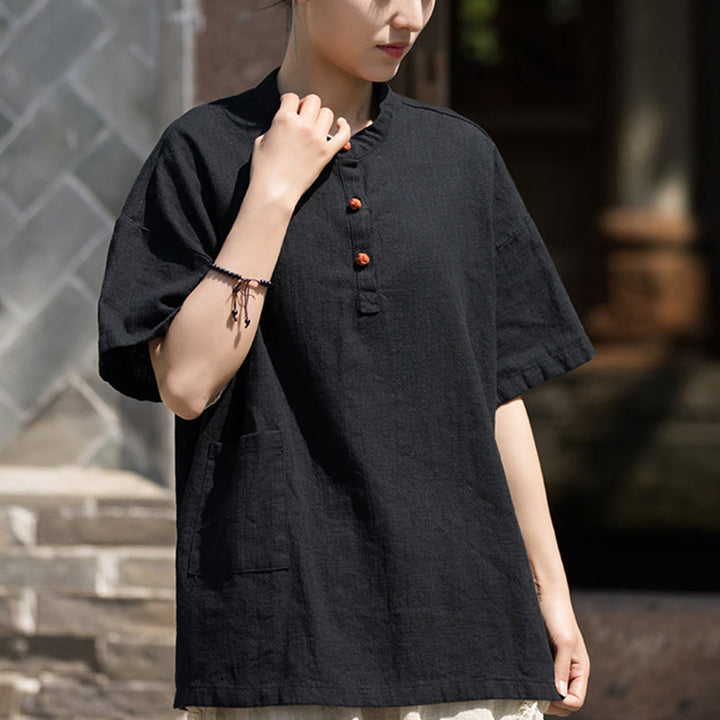 Buddha Stones Summer Short Sleeve Ramie Half Button T-shirt Tee