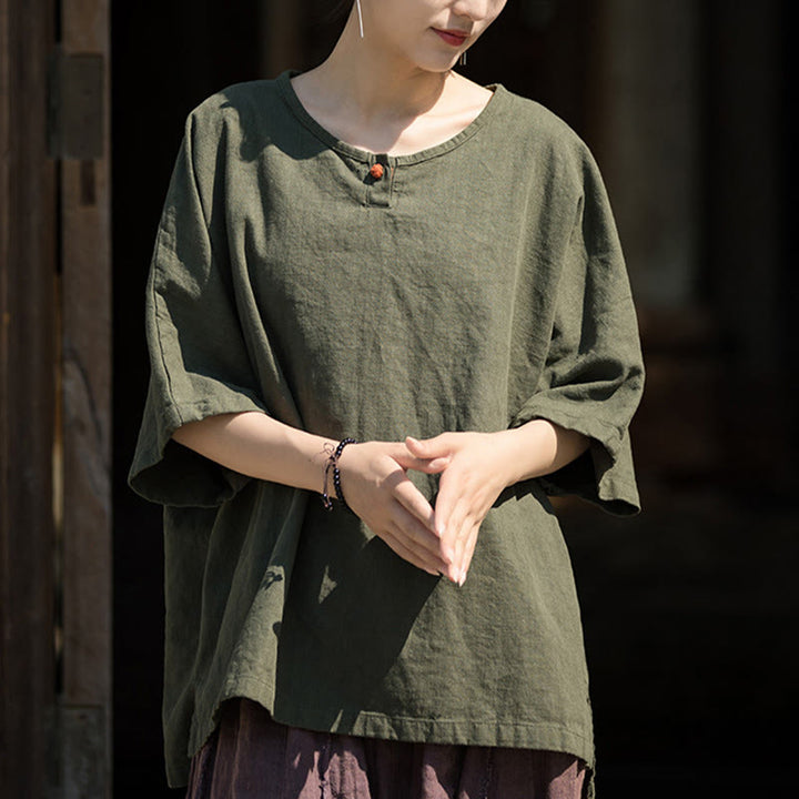 Buddha Stones Causal Half Sleeve Ramie Linen Cotton T-shirt Tee