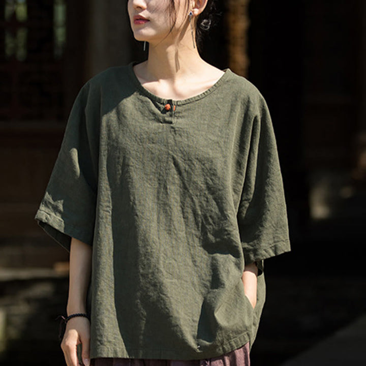 Buddha Stones Causal Half Sleeve Ramie Linen Cotton T-shirt Tee