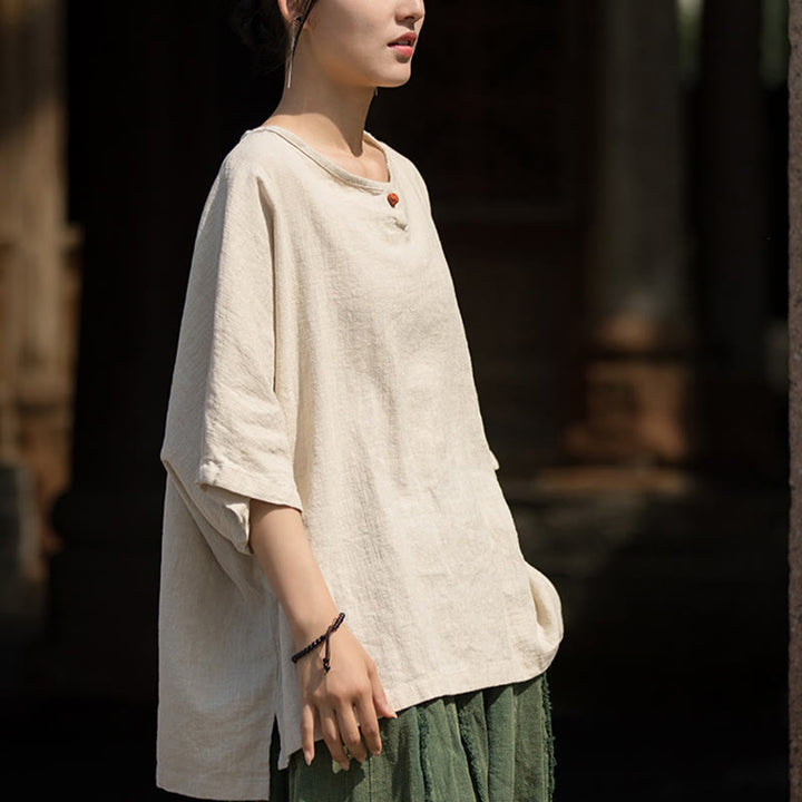 Buddha Stones Causal Half Sleeve Ramie Linen Cotton T-shirt Tee