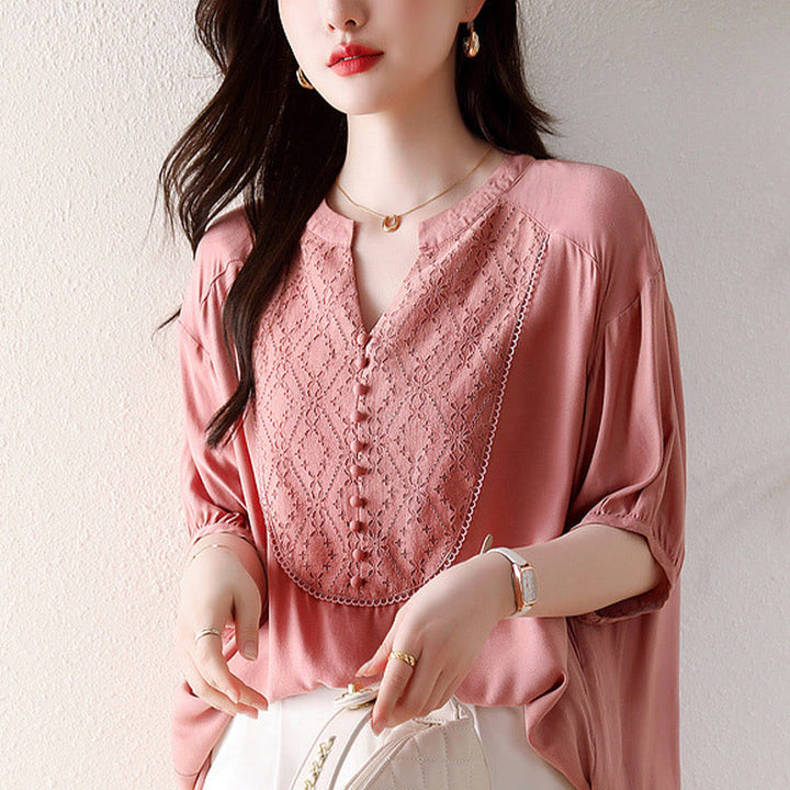 Buddha Stones V-Neck Pink Buttons Design Half Sleeve T-shirt Tee - image 2