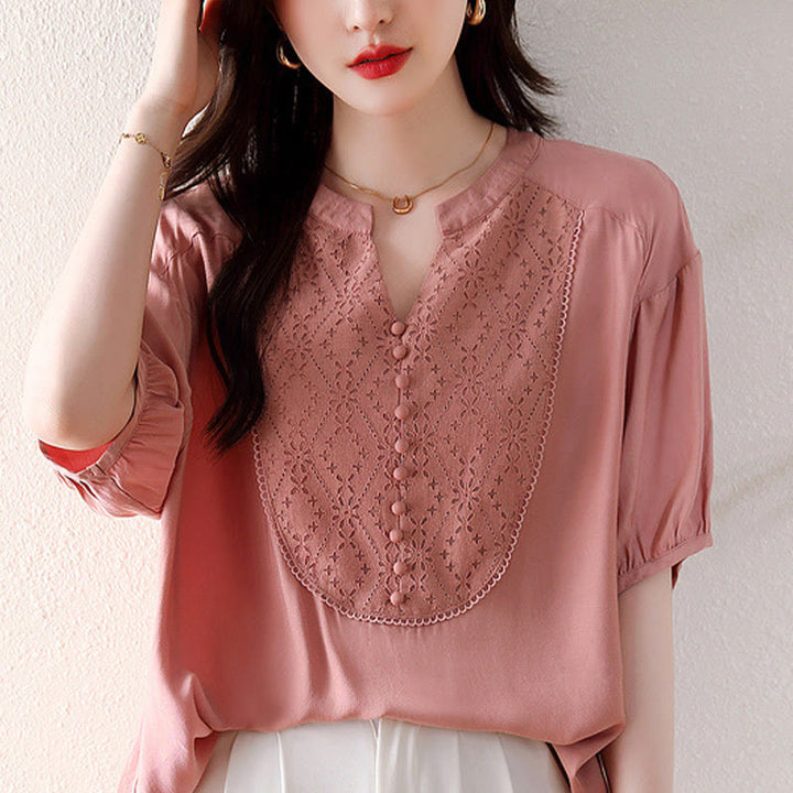 Buddha Stones V-Neck Pink Buttons Design Half Sleeve T-shirt Tee - image 13