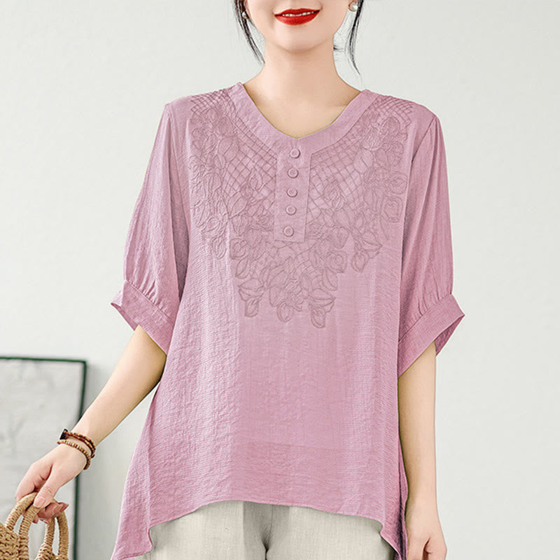 Buddha Stones Buttons Embroidery Design Thin Half Sleeve T-shirt Tee