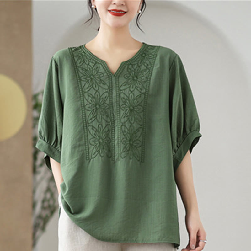 Buddha Stones Flower Embroidery Design Half Sleeve Cotton Linen T-shirt Tee - image 9