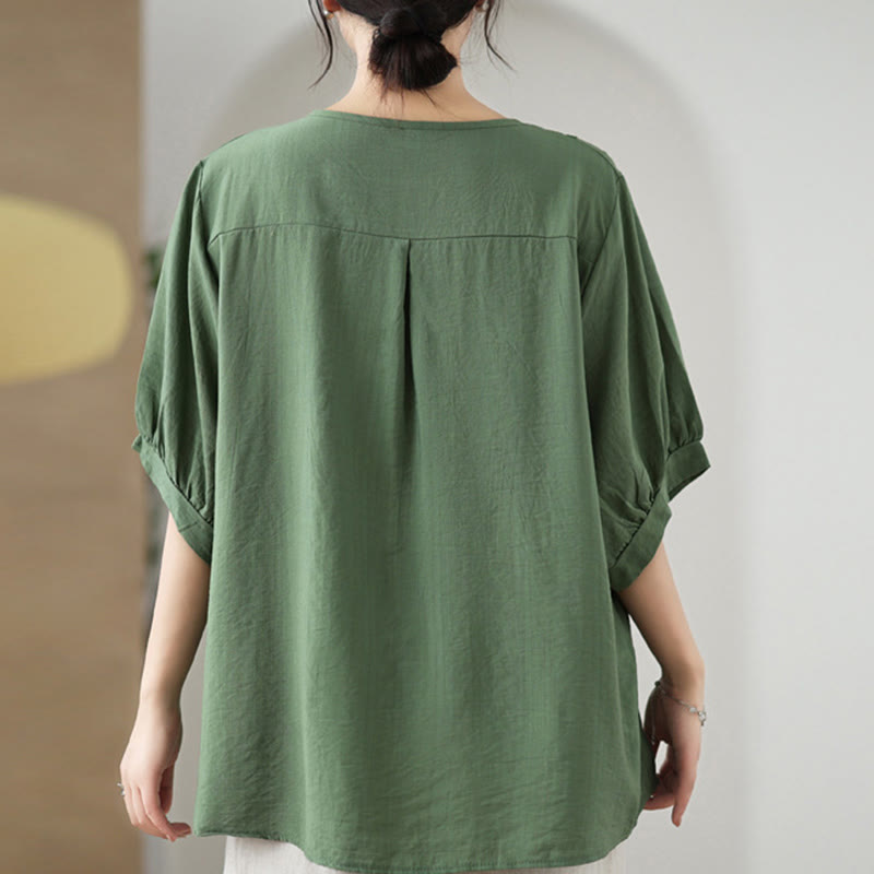 Buddha Stones Flower Embroidery Design Half Sleeve Cotton Linen T-shirt Tee - image 2