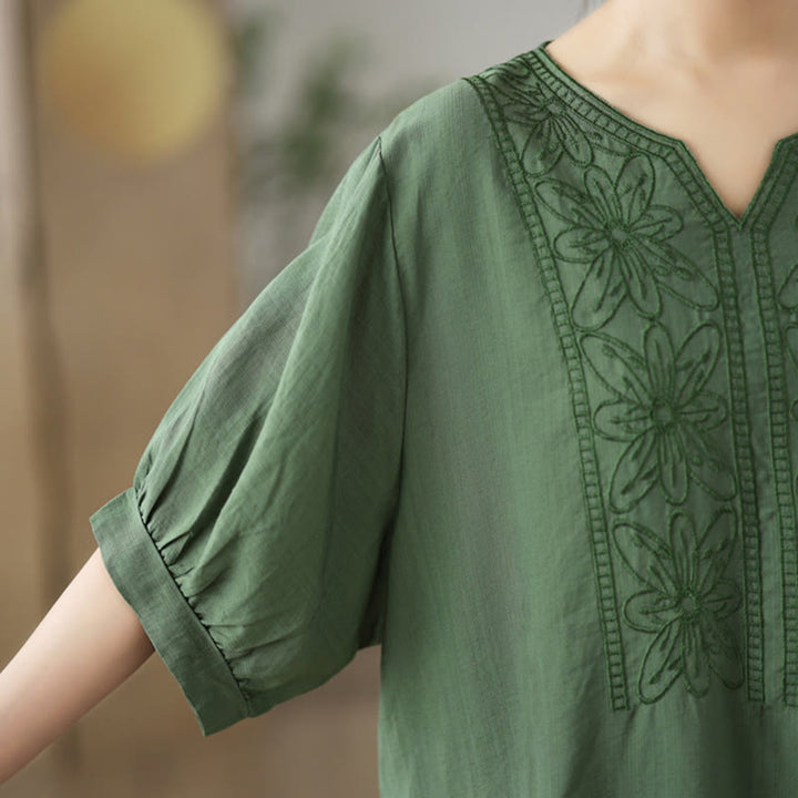 Buddha Stones Flower Embroidery Design Half Sleeve Cotton Linen T-shirt Tee - image 6